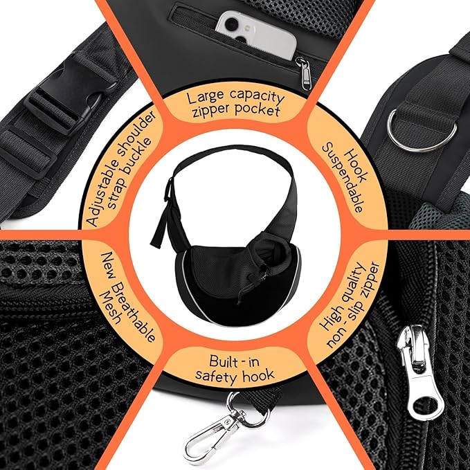 YUDODO Pet Sling Carrier for 10-15 lbs Small Dogs & Cats – Hands-Free Puppy Carrier with Safety Hook, Large Zipper Pocket, Soft Breathable Mesh, Adjustable Strap & Reflective Strip (L, Black 2.0)