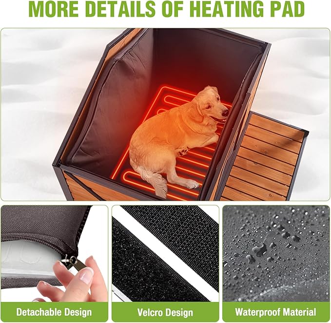 GUTINNEEN Extra Large Heated Outdoor Dog House Weatherproof Dog Kennel with Anti-Chewing Iron Frame, Wooden Insulated Dog Shelter with Porch, Heating Pad and Insulated Liner for Winter