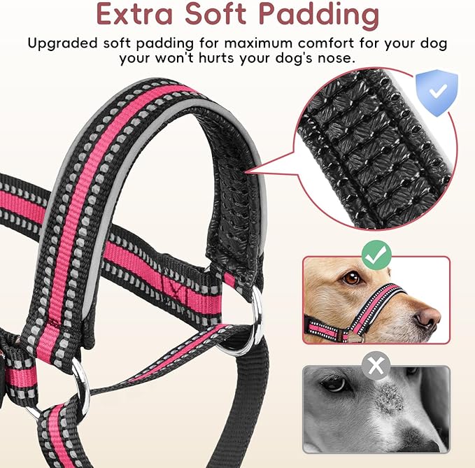 BARKLESS Soft Nylon Dog Head Collar for Large Medium Dog, Reflective Padding Head Halter for Training, Adjustable Muzzle Leash No Pulling, Jumping, Nose Leash Ideal for Walking (Pink, L)