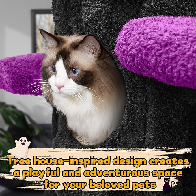 NUNU LAB Large Cat Tree for Indoor Cats, All-in-One Tall Cats Tower with Scratching Post and Plush Toys, Luxury Multi-Level Solid Wood Cat Condo for Multi-Cat Families (Purple&Black)