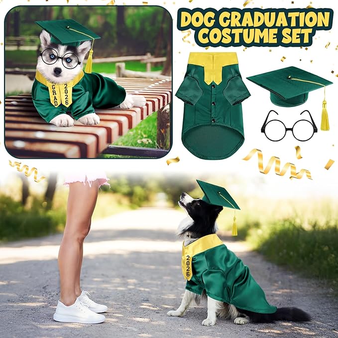 5 Pcs Dog Graduation Costume Set Include 2026 Pet Graduation Gown with Stole Puppy Grad Cap Lensless Glasses DIY Letter Stickers for Dogs Cats Holiday Costume Accessory(Green Yellow,M)