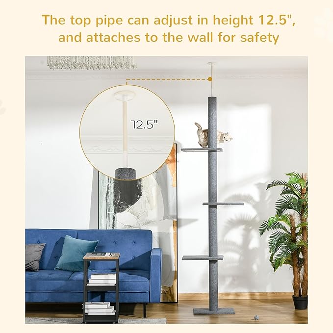 Floor-to-Ceiling 3-Tier Natural Cat Tree Sisal-Covered Scratching Posts Grey Color Multi-Functional Activity Center for Kittens