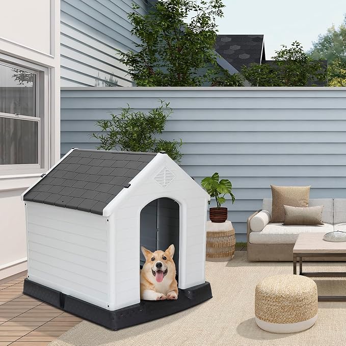 ZENY Large Plastic Dog House - Waterproof Dog Kennel with Air Vents and Elevated Floor All Weather Indoor Outdoor Doghouse Puppy Shelter, Easy to Assemble