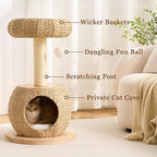 Modern Solid Wood Cat Tree Tower for Indoor Cats Large Adult, 30 inch Corner Small Cat Tree with Handmade Rattan Cat Bed, Luxury Aesthetic Cat Tree with Rattan Cave, Scratching Post