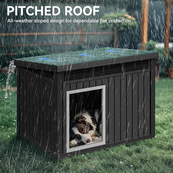 YITAHOME Plastic Dog House, Indoor & Outdoor Dog Kennel with Lift-Up Sloping Roof, Waterproof & Ventilated for Small to Medium Dogs, Easy to Clean Design, Black