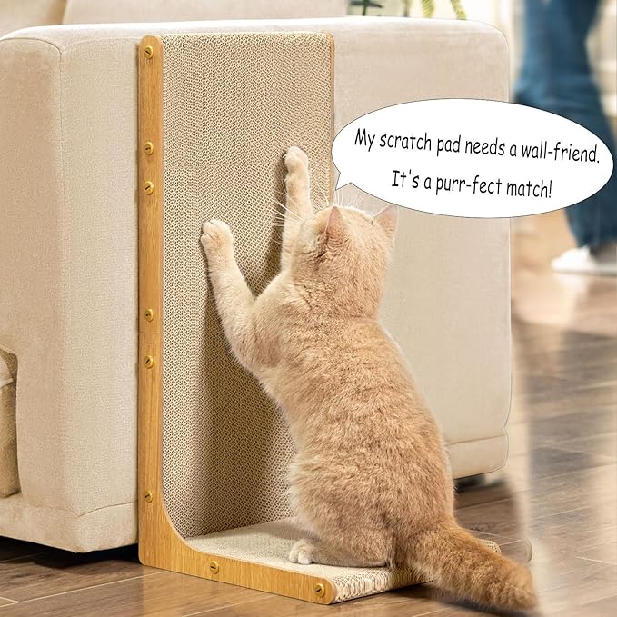 Cardboard Cat Scratcher, 23" L-Shaped Scratch Pad, Vertical Wall-Leaning Scratching Board to Protect Furniture for Indoor Cats,Wood Grain Large,2-Pack