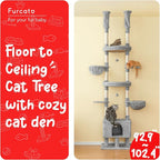 Cat Tree, Floor to Ceiling Cat Tower Adjustable Height [92.9-102.4 in=235-258cm], 7 Tiers Cat Climbing Play House with Scratching Post, Cozy Condo&Hammocks for Indoor Cats, Light Grey