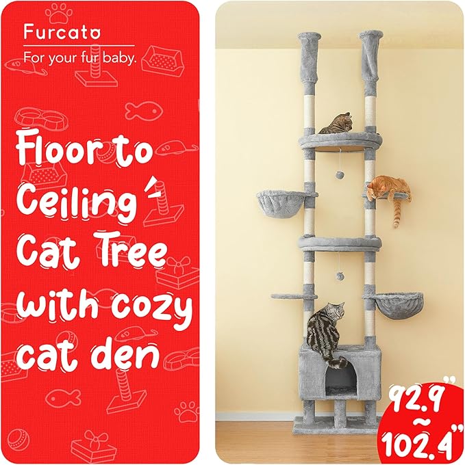 Cat Tree, Floor to Ceiling Cat Tower Adjustable Height [92.9-102.4 in=235-258cm], 7 Tiers Cat Climbing Play House with Scratching Post, Cozy Condo&Hammocks for Indoor Cats, Light Grey