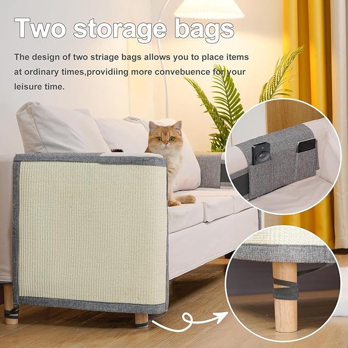 Uross Cat Couch Protector, Natural Sisal Scratch Guards for Cats - Left&Right, 23.6*19.7 inches, Durable, Easy to Install, Grey