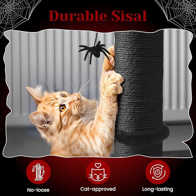Gothic Cat Scratching Post with Spider Dangling Toys for Indoor Cats, Sisal Scratch Pole, Durable Monster-Themed Scratch Post, Suitable for Kittens and Large Cats, Black