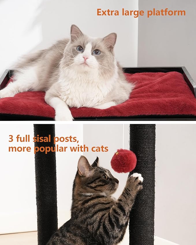 FourFurPets 26.7in Large Cat Tree Tower Condo, Cat Scratch Posts for Indoor Cats, Big Plate, Three 23.6in Full Sisal Scratching Posts, Black&Red