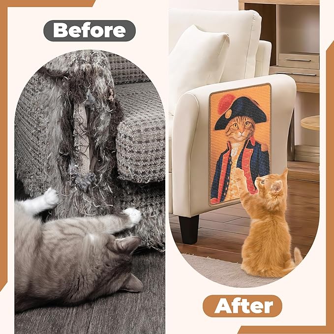 Sisal Cat Scratcher Mat, Cat Wall Scratcher for Indoor Cats, 23.6x15.7 Inch Cat Scratch Pad with Hook & Loop, Wall Mounted Cat Scratching Post to Protect Couch and Carpet（Royal Cat）