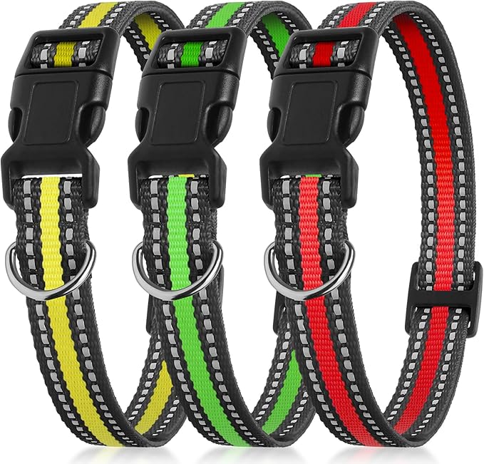 PetJoy 3-Pack Dog Collar - Quick-Release Buckle & D-Rings - Reflective Multi-Color (R/Y/G) - Adjustable 8-27" for Most E-Collars - Durable Waterproof Nylon