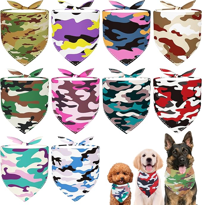 10PCS Dog Bandanas Camouflage Camo Military for Medium Breed Dog Pink Purple Yellow Blue Kerchief Triangle Bibs Head Scarves for Boys and Girls Grooming Costume