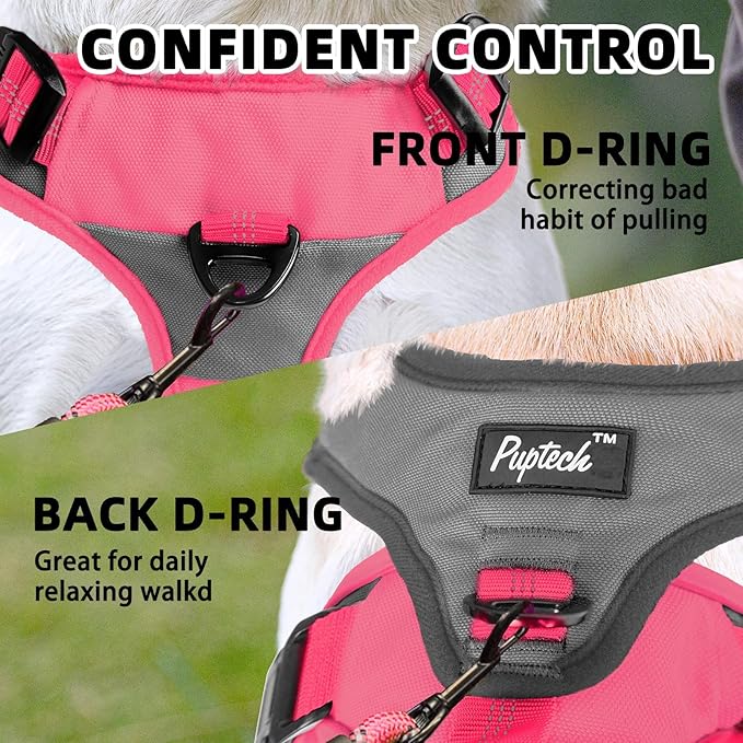 PUPTECK Escape Proof Dog Harness and Leash Set Upgraded No Pull Reflective Dog Vest with Lift Handle, Easy Control Pet Harness for Medium Large Dogs Training Walking Running, Fuchsia, L