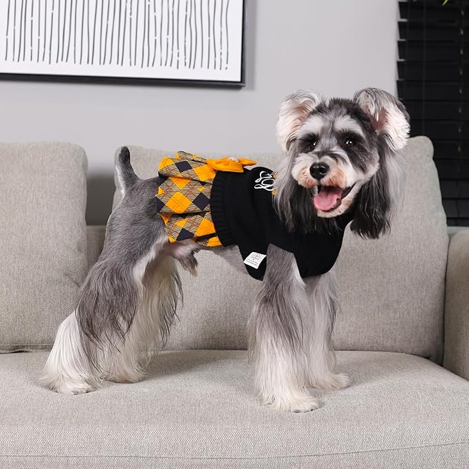 CuteBone Thanksgiving Dog Sweater Dress for Small Dogs Girl, Thanksgiving Embroidery Turtleneck Medium Dog Sweater with Bowtie, Pet Clothing for Chihuahua Yorkie Teacup DS108XL