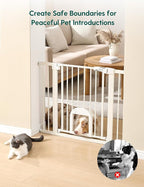 Babelio 29-48" Extra Wide Baby Gate with Adjustable Cat Door,Easy Install Pressure/Hardware Mounted,Auto Close Pet door for Stairs,House,Doorways,Effortless Walk Thru,White
