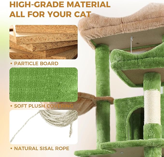 Multi-Level Large Cat Tree, 68-Inch Cat Tower for Indoor Cats, Plush Multi-Color Cat Condo with 4 Scratching Posts, 2 Perches, 2 Caves, Hammock, Pompom，Extra Large Top Perch (Green)