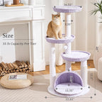 Wood Modern Cat Tree for Large Cat, 46" Tall Cat Tower with Scratching Posts, Cat Condo, Aesthetic Multi-Level Cat Climbing Tree with Hand-Woven Bed for Adult Indoor Cats-Purple