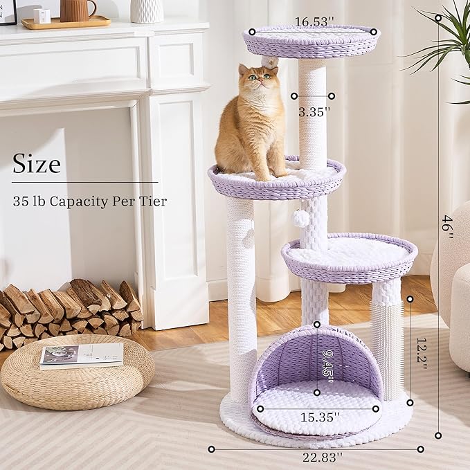 Wood Modern Cat Tree for Large Cat, 46" Tall Cat Tower with Scratching Posts, Cat Condo, Aesthetic Multi-Level Cat Climbing Tree with Hand-Woven Bed for Adult Indoor Cats-Purple