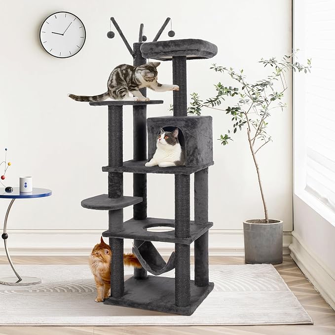 KAMABOKO Gothic Cat Tree, 73.6in Black Cat Tower with Coffin Bed, Big Tall Cat Condo with Sisal Scratching Posts, Scratching Ramp and Comfort Basket for Indoor Cats