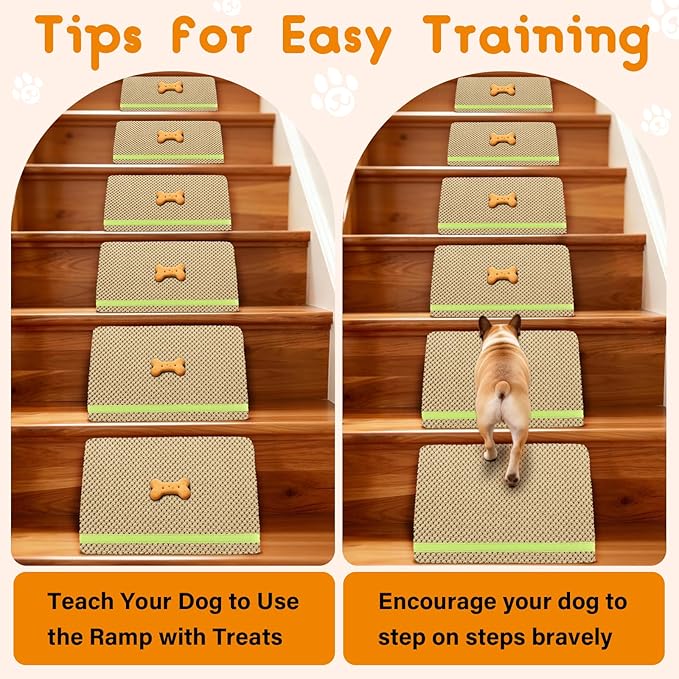 JoyBlooms Dog Ramp for Stairs for Small & Senior Dogs Cats, 40D Density Foam Gentle Slope Non-Slip Dog Stair Ramp with Glow Strip, Pet Ramp with Removable Washable Cover Brown-2pcs