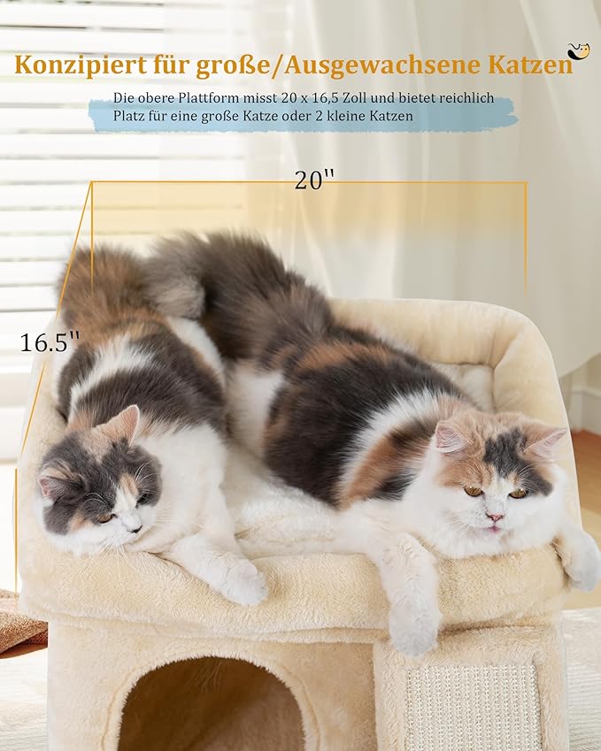 Small Cat Tree Tower for Large Cat, Cat Bed House with Large Perch for Adult Cats, 20 * 16.5 Inch Big Platform for Indoor with Super Cozy Soft Mat, Large Cat Condo with Scratching Post, Beige