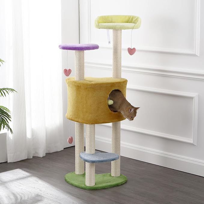 CTR1002A Aisling 51" 4-Tier Modern Sisal Heart Cat Tree with Scratching Posts, Napping Perch, and Dangling Toys, Multi