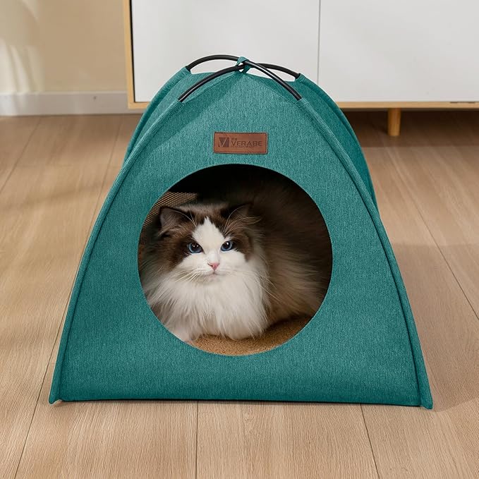 Pop-up Cat Tent Indoor Outdoor,Waterproof Cat House with Removable Cushion for All Seasons, Portable Pyramid Cat Cave Bed for Cats & Small Dogs, No Assembly Folding Pet Tent,Green