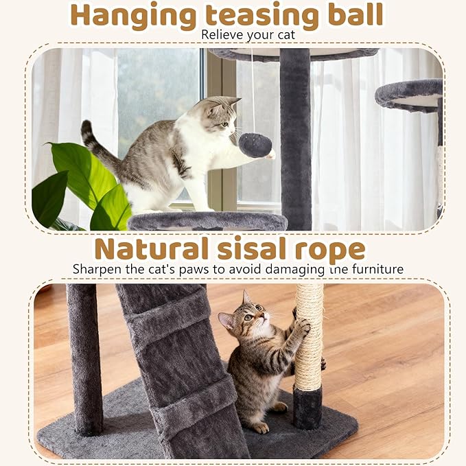 BestOffice 54 Inch Cat Tree, Multi-Level Cat Tower with Condo, Perches, Sisal Scratching Posts, Climbing Ladder,Indoor Activity Center Play House for Kittens & Adult Cats,Light Gray