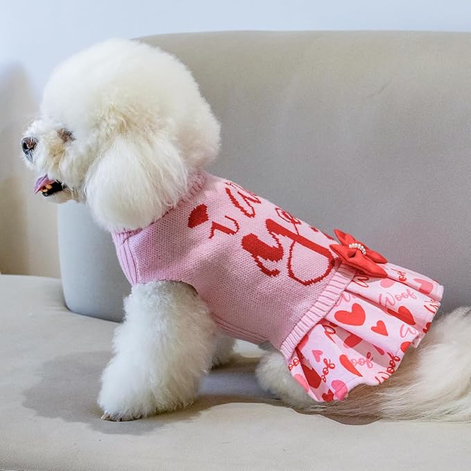 CuteBone Pink Dog Sweater Dress I WOOF You Pet Sweater Sweaters for Small Dogs with Bowtie Pullover Pupply Clothes Cats Clothes for Valentine's Day
