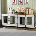 Lulive Dog Crate Furniture Set of 2, Dog Kennel Indoor Double Doors Wooden Dog Cage, 32'' Heavy Duty Dog Crate with Cushion & Wheels, End Table Pet House Chew-Resistant Up to 45 lb, White