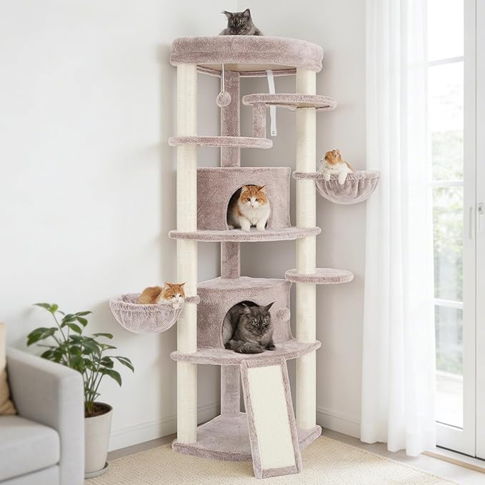 Corner Cat Tree for Indoor Cats, Cat Tower with All Sisal Scratching Posts, Multi-Level Cat Condo wth 2 Large Cat Caves, Big Top Perch, 2 Hanging Baskets, Sisal Ramp, Mushroom GCT035MU