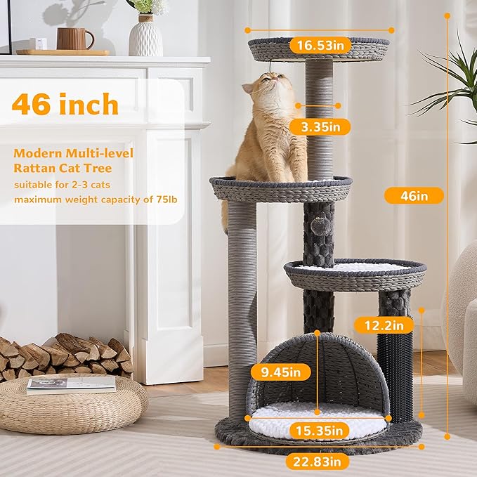 Modern Cat Tree Tower for Large Cat with Scratching Post for Indoor, 46 inch Multi-Level Cat Tower with Handwoven Beds, Cat Cave, Dangling Balls