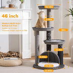 Modern Cat Tree Tower for Large Cat with Scratching Post for Indoor, 46 inch Multi-Level Cat Tower with Handwoven Beds, Cat Cave, Dangling Balls