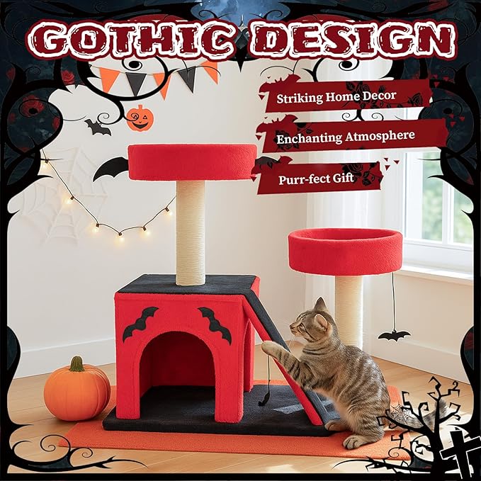 Gothic Cat Tree with Coffin Bed for Indoor Cats, 26" Gothic Cat Tree, Cat Tower with Spacious Cat Condo, 2 Padded Perches, Spider Toy, Scratching Posts, Scratching Ladder for Large Cats, Red & Black