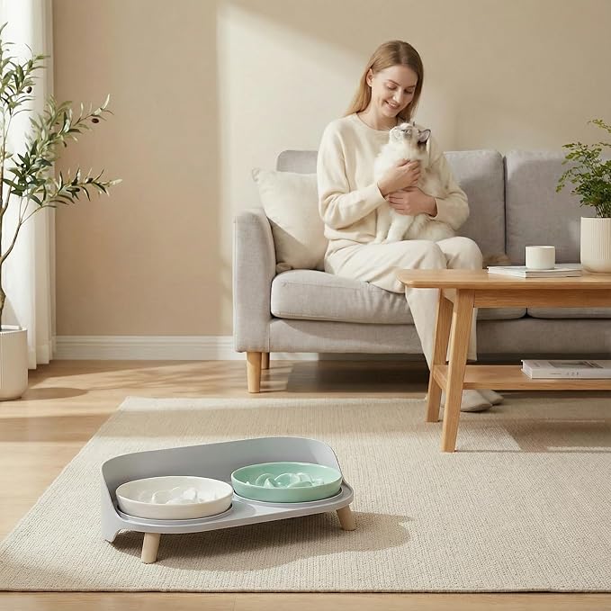 Raised Dog Feeder Bowl Stand - Elevated Dining Table for Small and Medium Dogs and Cats - Fits Food and Water Dish up to 6" Diameter - Grey (Bowls Not Included)