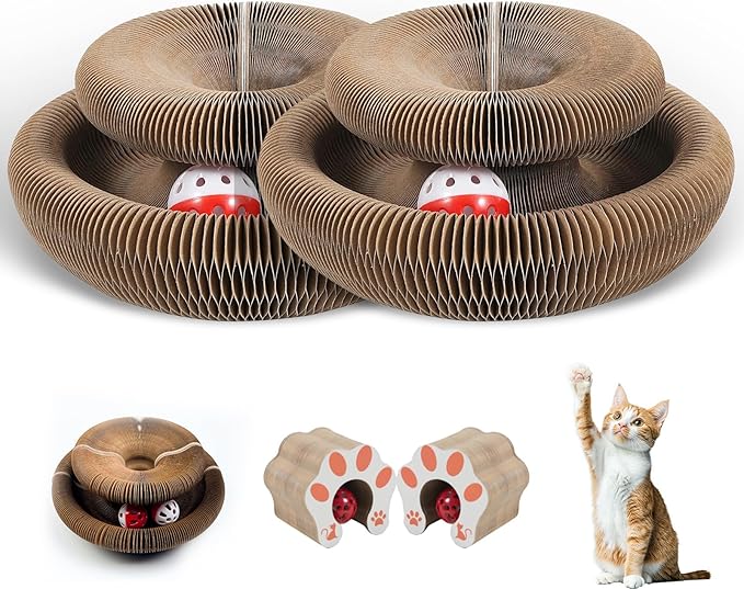 2pcs Cat Toy Scratch Board - Foldable Accordion Cat Scratching Board with Bell Ball - Interactive Cardboard Scratcher cat Toys for Engaging Play