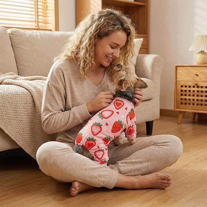 Dog Pajamas Spring Summer Dog Clothes for Small Dogs Strawberry Print Girl Boy Cute Soft Puppy Pjs Clothes Doggie Onesies Cat Pet Jammies Outfit(Strawberry,XS)