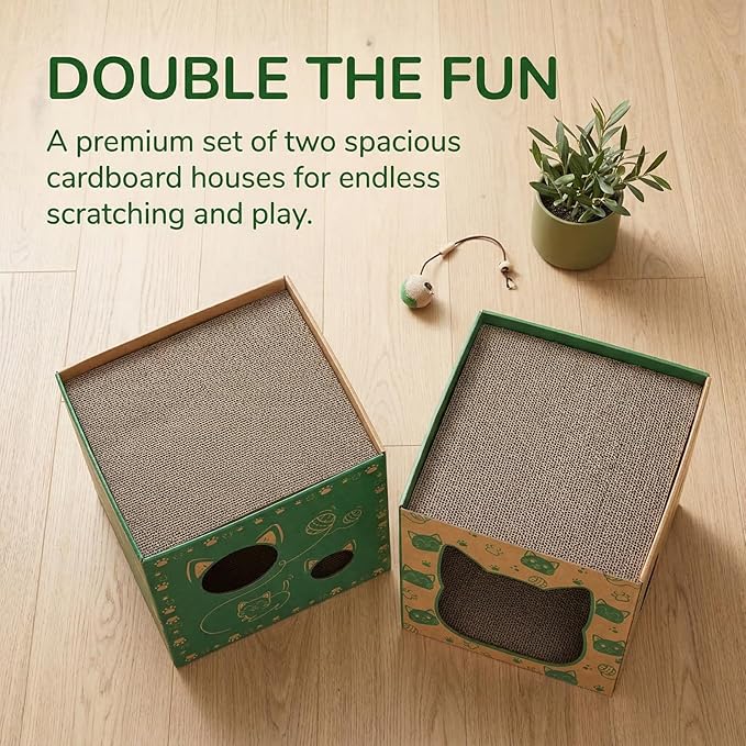2 Pack Cardboard Cat Houses, Cat Play House with 2 PCS Scratching Pad, Corrugated Kitten Hideaway Cave, Cute Cats Condos Box, Cat Scratching Toy, Scratcher Bed for Indoor Cats, Kittens, Bunny