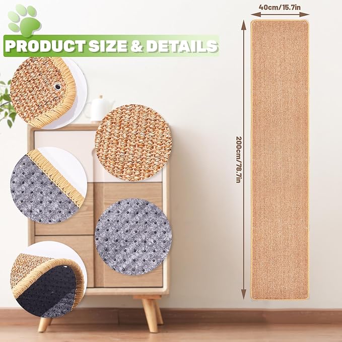 Natural Sisal Cat Scratcher Mat, Wall Scratcher Carpet, Cat Climbing Wall, Large Tall Scratching Post, Sofa Protector, Scratching Mat Pad for Indoor Cats (Brown, 78.7" Lx15.7 W, 1PC)