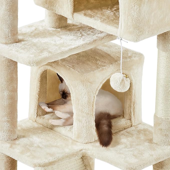 Yaheetech 57 inches Cat Tree for Indoor Cats, Multi-Level Cat Tower w/ 3 Perches, 2 Cat Condos, 2 Hanging Balls and Scratching Posts, Beige