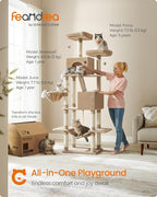 Feandrea Cat Tree, 81.1-Inch Large Cat Tower, Multi-Level Plush Condo with 13 Scratching Posts, 2 Perches, 2 Caves, Basket, Hammock, Pompoms, Camel Brown UPCT190K01
