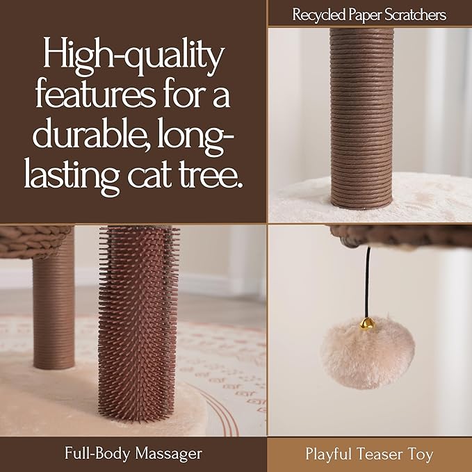 PetPals 49" High 5-Level Large Cat Tree with Replaceable Recycled Paper Rope Scratching Posts, Plush Cushions, Handwoven Basket and nest for Multi Cats, Brown and Beige
