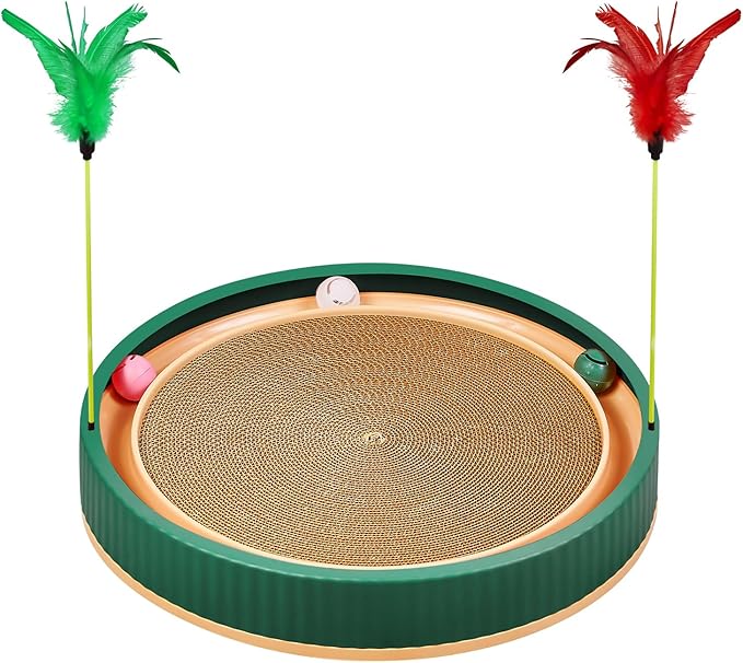 20-Inch Round Cat Scratcher Bed with Ball Track – 3-in-1 Interactive Cardboard Scratching Pad with Feather Toy & Non-Slip Base – Great for Indoor Cats, Active Kittens & Large Breeds (Green)