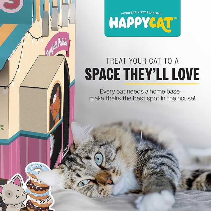 HappyCat Donut Shop Cat Scratcher House - Adorable Cardboard Cat Playhouse with Scratching Panels & Spacious Interior, Hideout & Stimulation Station - Charming Indoor Cat House