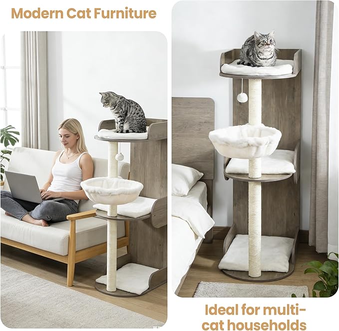 Modern Wood Cat Tree Tower for Indoor Large Cats, Cat Scratching Posts with Big Perch Bed, 44.8" Tall Multi-Level Wooden Cat Condo with Hammock, Removable Pads, Kitty Furniture, Greigy