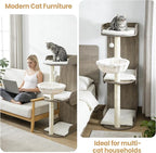 Modern Wood Cat Tree Tower for Indoor Large Cats, Cat Scratching Posts with Big Perch Bed, 44.8" Tall Multi-Level Wooden Cat Condo with Hammock, Removable Pads, Kitty Furniture, Greigy