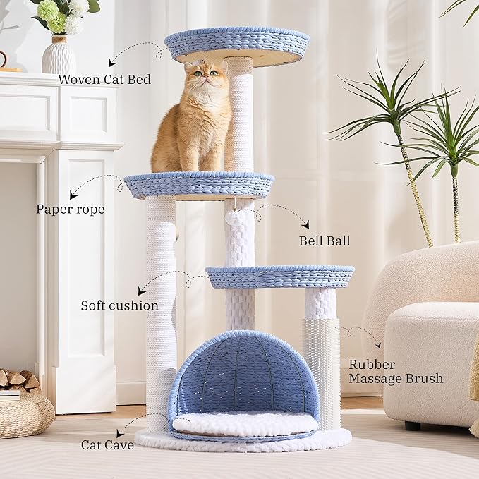 Wood Modern Cat Tree for Large Cat, 46" Tall Cat Tower with Scratching Posts, Cat Condo, Aesthetic Multi-Level Cat Climbing Tree with Hand-Woven Bed for Adult Indoor Cats-Blue