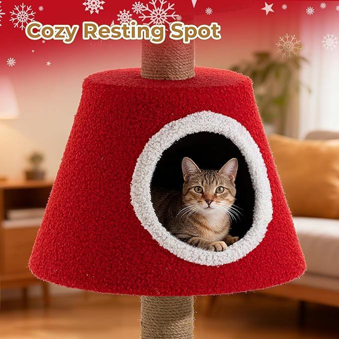 AQUILLA 39.8in Christmas Cat Tree Tower for Indoor Cats, Multi-Level Cat Condo with Sisal Scratching Posts, Cozy Hideaway & Top Perch, Red & Green Holiday Pet Play House for Kittens and Small Cats